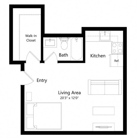 Floor plan for studio, 1 bath, 442 sqft